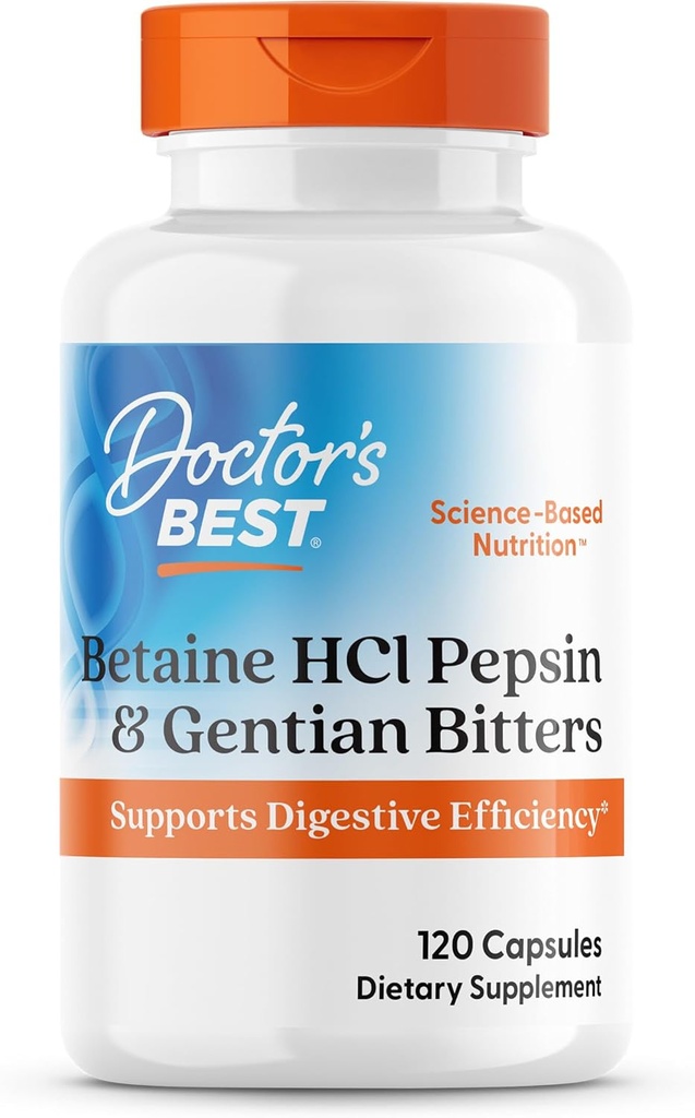 Doktor'un En İyi Betaine HCI Pepsin & Gentian Bitters, Digestive Enzymes for Protein Breakdown & Abxia, Non-GMO, Gluten Free, 120 Caps, Original Version