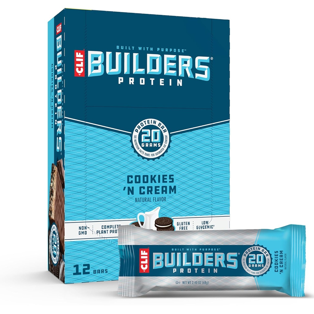 CLIF BUILDERS Protein Barlar - Kurabiyeler 'n Krem Flavor - 20g Plante Tabanlı Protein - Gluten Free - Non-GMO - Low Glycemic - No Yapay Sweeteners - 2.4 oz. (12 Pack)