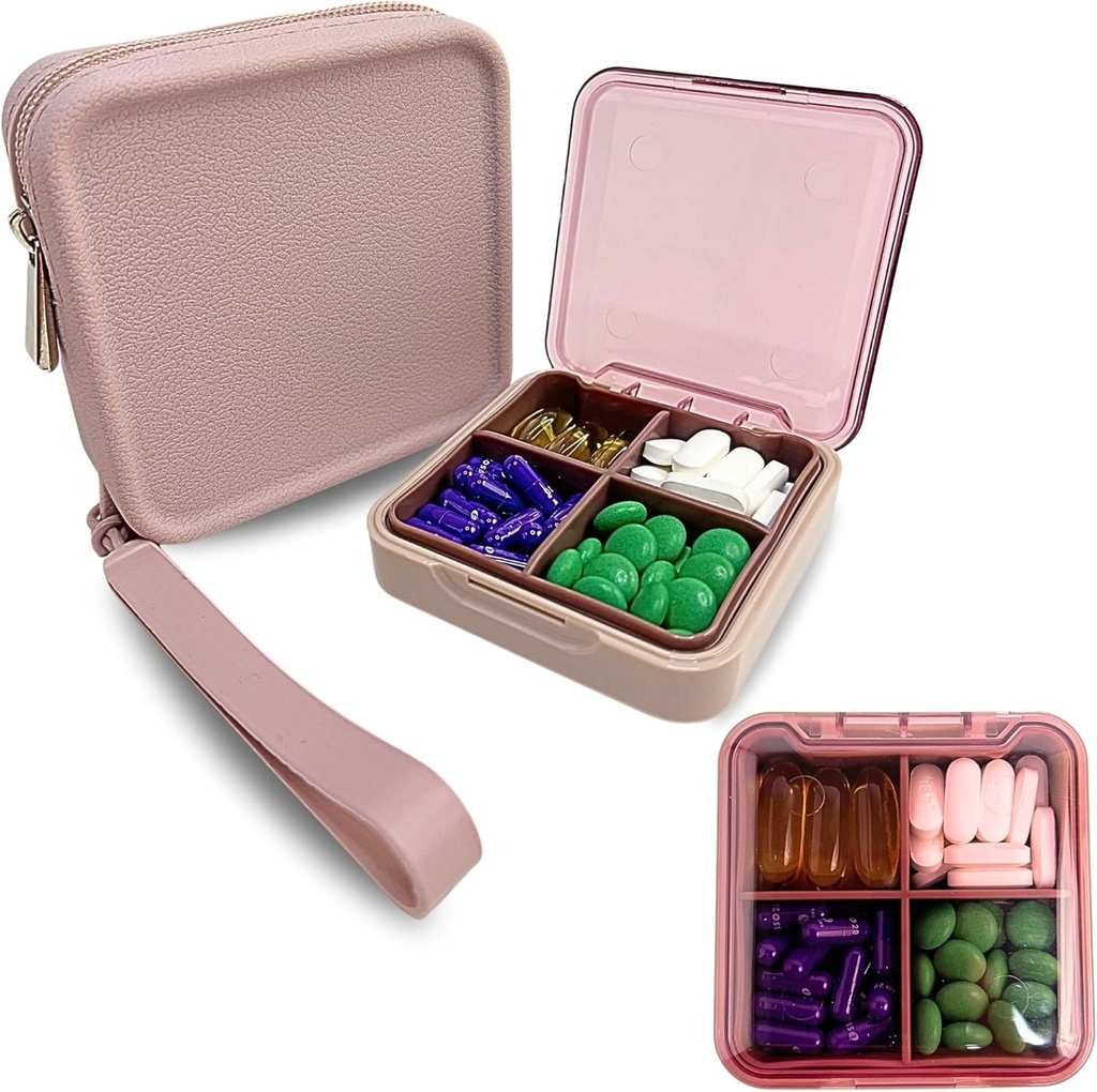 Pink- Small Pill Case with Silikon Pill Pouch, 4 Karşılaştırma Pill Organizer, Rolls Pill case, Small Pill Box for Purse, Sturdy Hinge, Multi Amaç, Vitaminler & Supplements için,