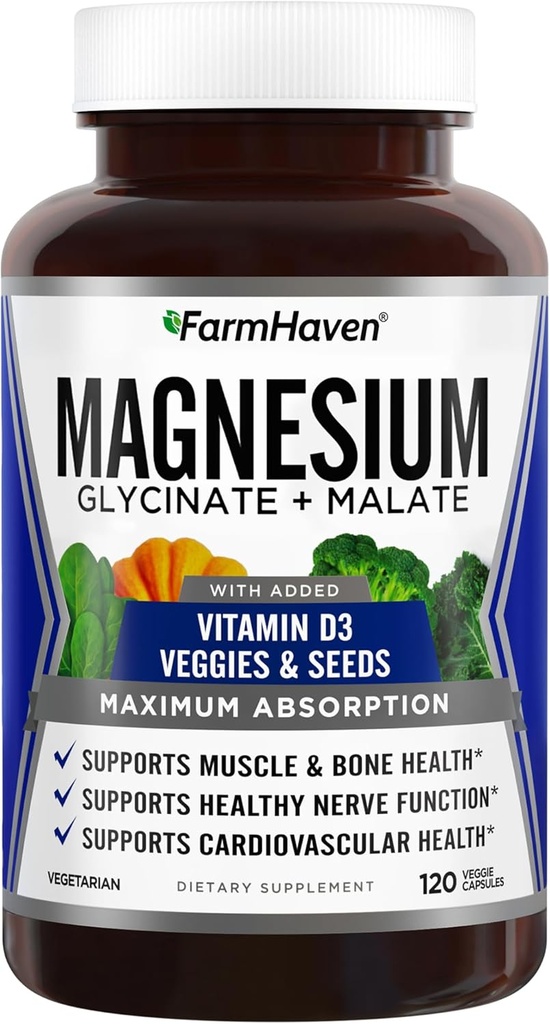 FarmHaven Magnesium Complex –Magnesium Glycinate & Malate w/Vitamin D3, 100% Χηλικό για μέγιστη απορρόφηση, χορτοφάγους – Υγεία των οστών, νεύρα, μύες, 120 κάψουλες, 60 ημέρες