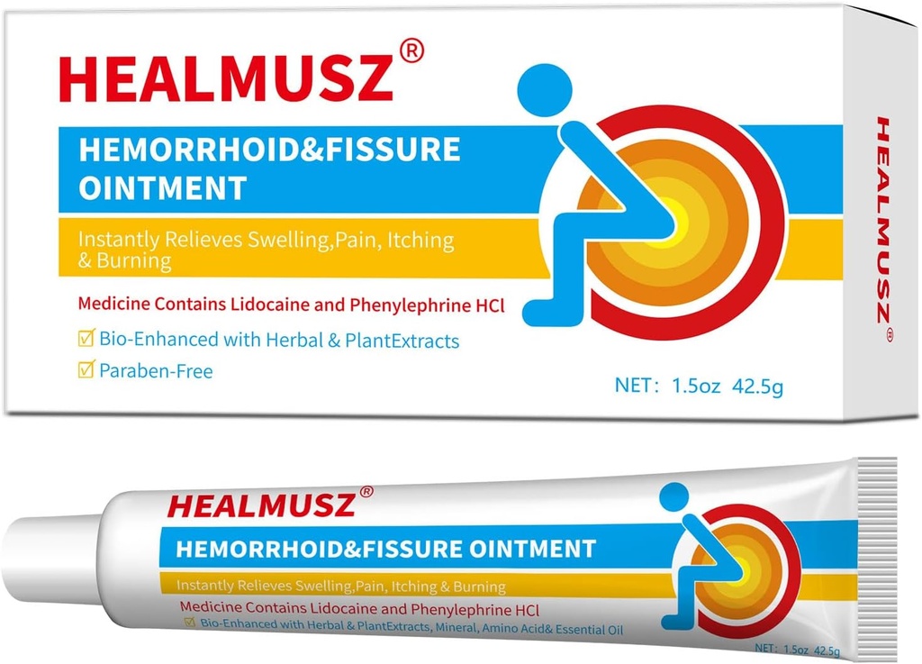 HEALMUSZ Hızlı Yardım Hemorrhoid Krem 4% Lidokak Krem ve 0.25% Phenylephrine HCI Ağrı, Swelling, Discomfort ve Itching (1.5 oz)