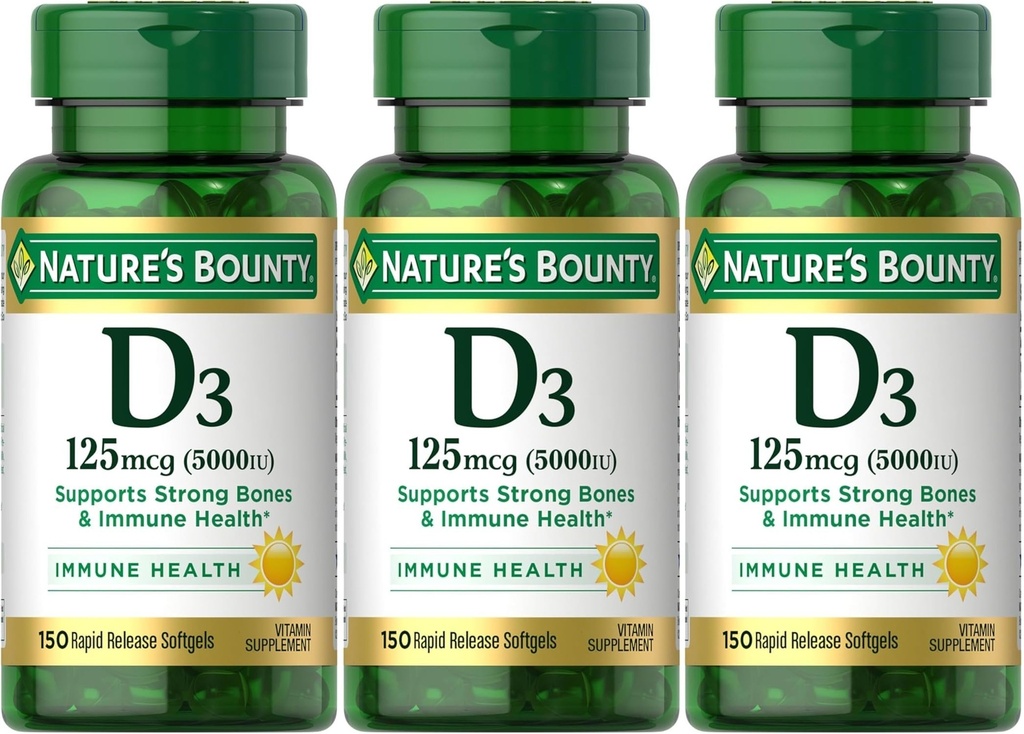 Nature's Bounty Vitamin D3 125 mcg-5000 IU Softgels, maksimum Güçlü 150 ea (üçlü Paket 3)