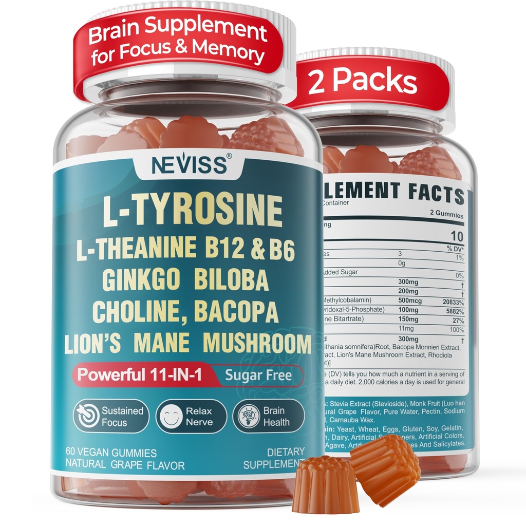 11-IN-1 L-Tyrosine L-Theanine, Torchated B12 & B6, Lion's Mane Mushroom, Ginkgo Biloba, Bacopa Monnieri, Choline for Focus, Nootropic, Energy, 2Packs
