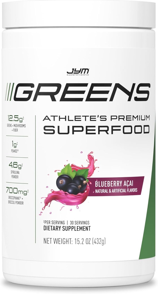 JYM Yeşiller Performans için Süper Gıda Tozu, Blueberry Acai, Spirulina, Mushrooms, Vitaminler, BroccoPhane & Broccoli, Erkekler & Kadınlar, 30 Hizmet