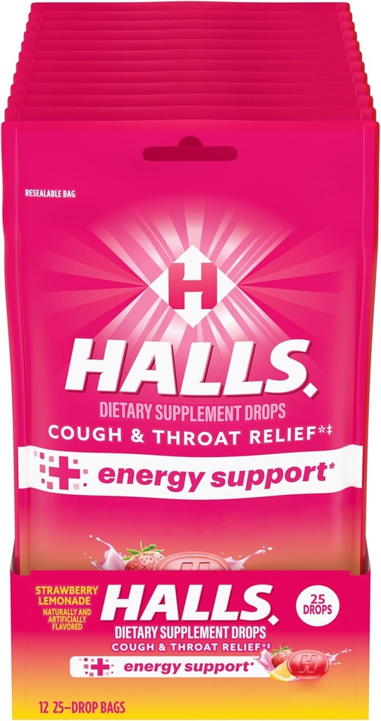 HALLS Relief + Ενεργειακή υποστήριξη, φράουλα λεμονάδα Βήχας σταγόνες, 12 τσάντες των 25 σταγόνες (300 συνολικές σταγόνες)