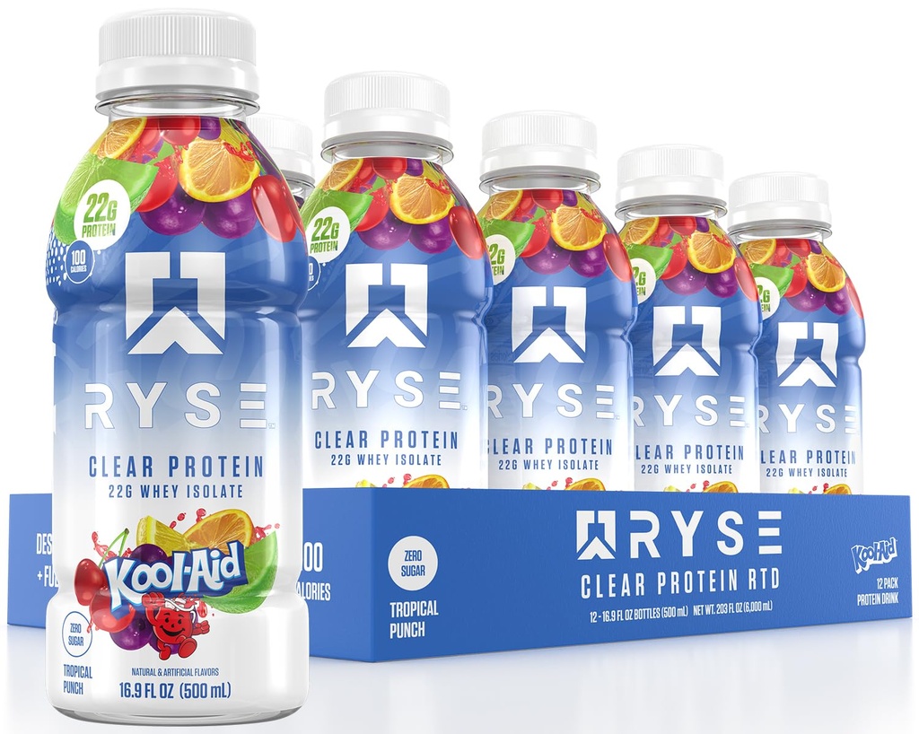 RYSE Clear protein İçgörü - Kool-Aid Tropikal - 100 Calories, 22g Whey Isolate Protein Shake, Sugar-Free, 0g Fat & Lactose-Free - Hazır İçecek - 16.9 fl oz Şişeler (12-Pack)