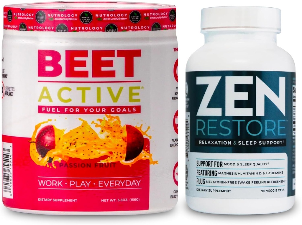 Nutrology Beet Active, Φυσική σκόνη πριν από την προπόνηση, Πάθος Fruit Flavor (30 μερίδες) Zen Φυσικό μαγνήσιο συμπλήρωμα (30 μερίδες)