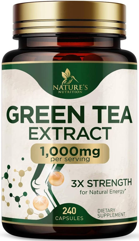 Green Tea Extract Capsules 1000 mg - Standardized 45% EGCG & 98 Polyols - 3X Strength Green Tea Pills for Natural Energy - Supports Heart Health, Herbal Supplement, Vegan, Non-GMO - 240 Capsules