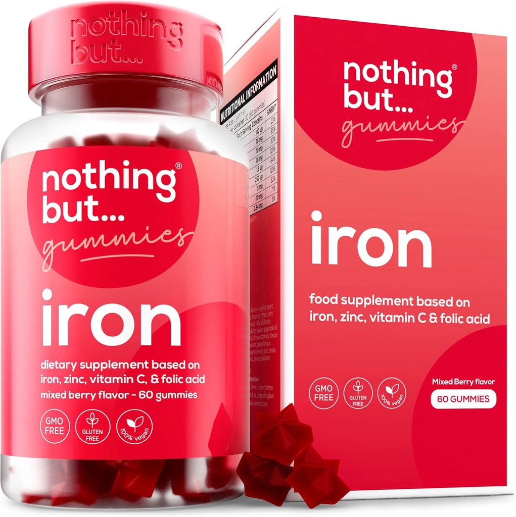 Women & Men Natural Iron Supplement | a Delicious Mixed Berry Flavor | Chewable Vegan Iron Supplements w/Vitamin C, Zinc, Folic Acid & B Vitamins | 60 Iron Gummies | Anemia