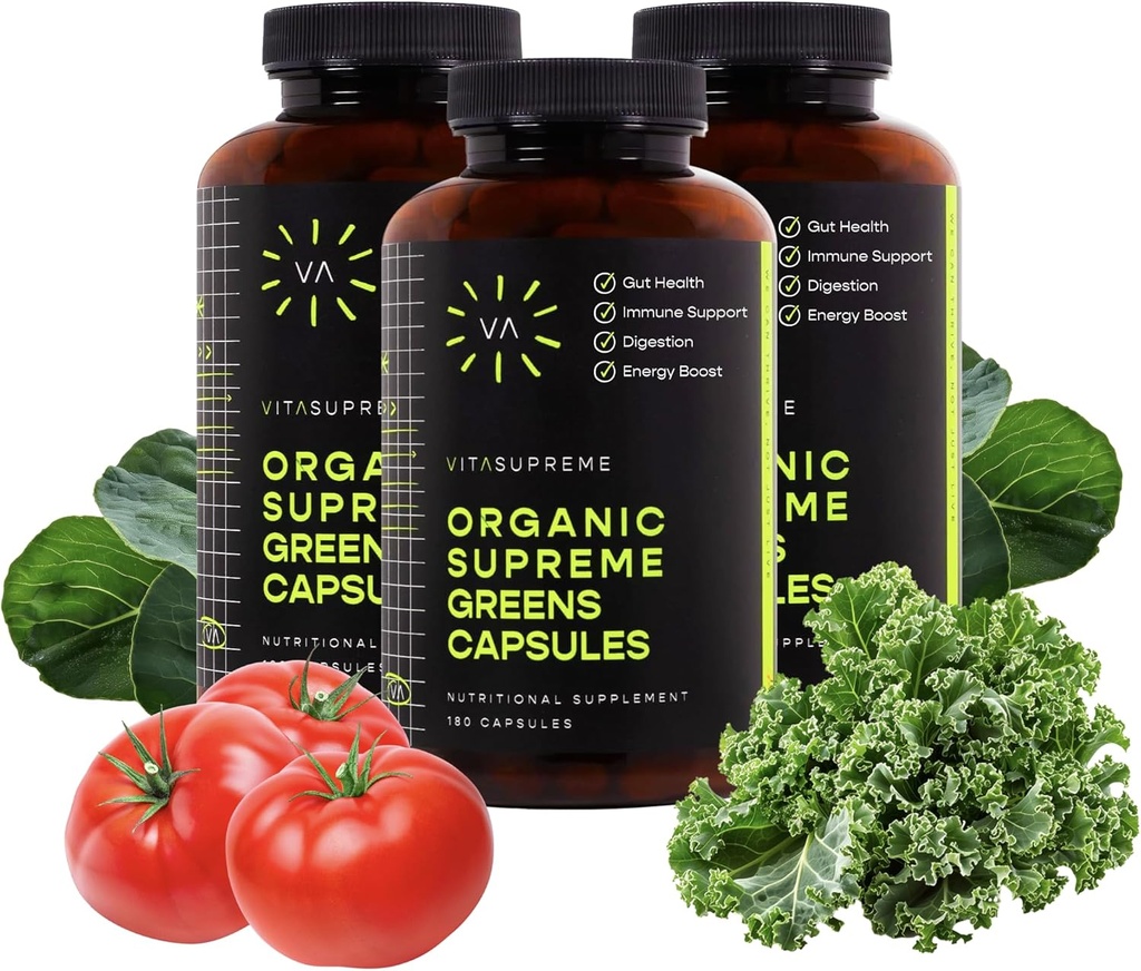 Yüksek Organik Super Greens Superfood Capsule, Gut Health için Beslenme Supplement, Immune Support, Digestion, Energy, and More (Non-GMO, Chem, Vegan) 180 Capsules, 3 Pack