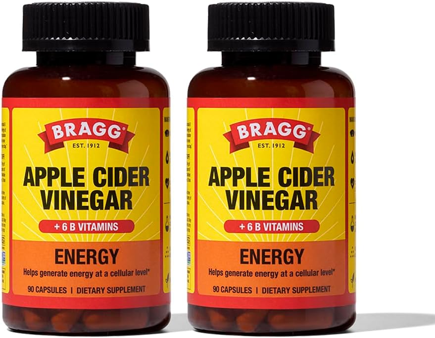 Bragg Energy Apple Cider Vinegar Capsules with B-12 Vitamins - 90 Capsules (2 Pack) – Kilo Yönetimi - Non-GMO, Vegan, Gluten Free - Erkekler ve Kadınlar için Hücre Seviyeye Yardımcı Olmak