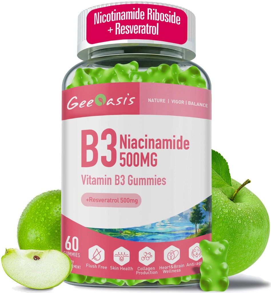 Niacinamid 500 mg Gummies, Chewable Vitamin B3 Supplement with Resveratrol 500 mg, High Potency Niacin for Antioksi, Skin & Brain Health, Immune Support, Vegan Apple Flavor, 60 Count