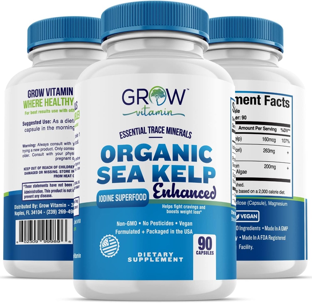 Organik Deniz Kelp (Icelandic) Geliştirildi - Saf Sağlıklı Tiroid Desteği Doğal Iodine Supplement w/Organic Sea Kelp, Blue-Green Algae & Red Algae - Immune System & Metabolism Desteği - 90 Capsules