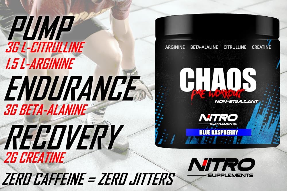 Nitro Supplements - Kaos - Stim Pre-Workout (30 Sevings) Beta-Alanine, L-Citrulline, Arginine, Kretine, Taurine Stim-Free Non-Stimulant (30 hizmet, Blue Raspberry)
