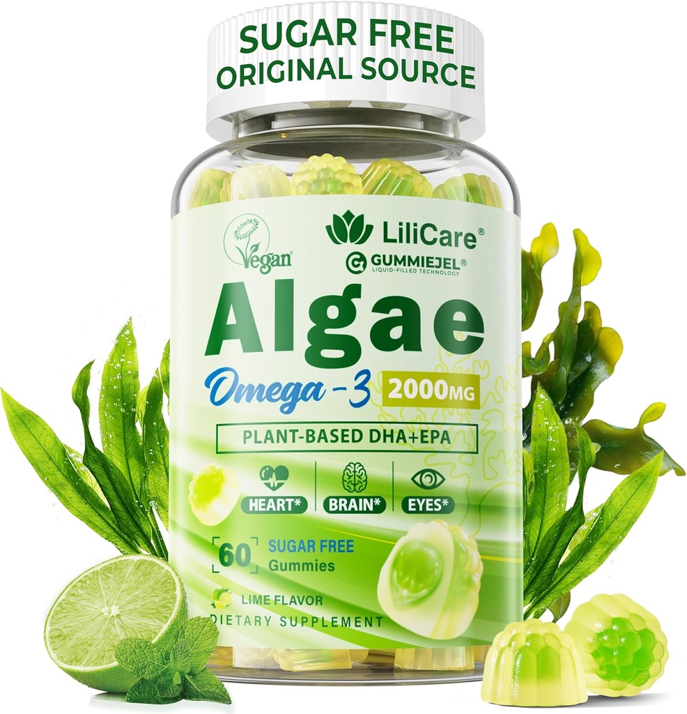 Ωμέγα 3 Gummies 2200mg από Algae Oil (DHA 640mg & EPA 290mg) για γυναίκες & άνδρες, Vegan Omega 3 Fish Oil Εναλλακτική, w/CoQ10, Ασταξανθίνη, Βιταμίνη Α, Ε, D3 για εγκέφαλο, μάτι, αντιοξειδωτικό, Χωρίς ζάχαρη, 1Pack