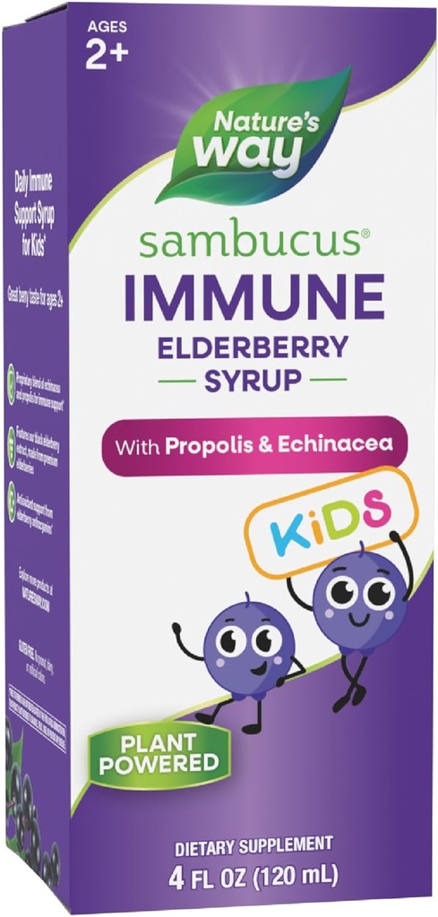 Nature's Way Sambucus Elderberry Immune Syrup for Kids Ages 2+, Echinacea & Propolis, Immune Support Syrup*, Vegetarian, Berry Flavored, 4 Fl Ozrup