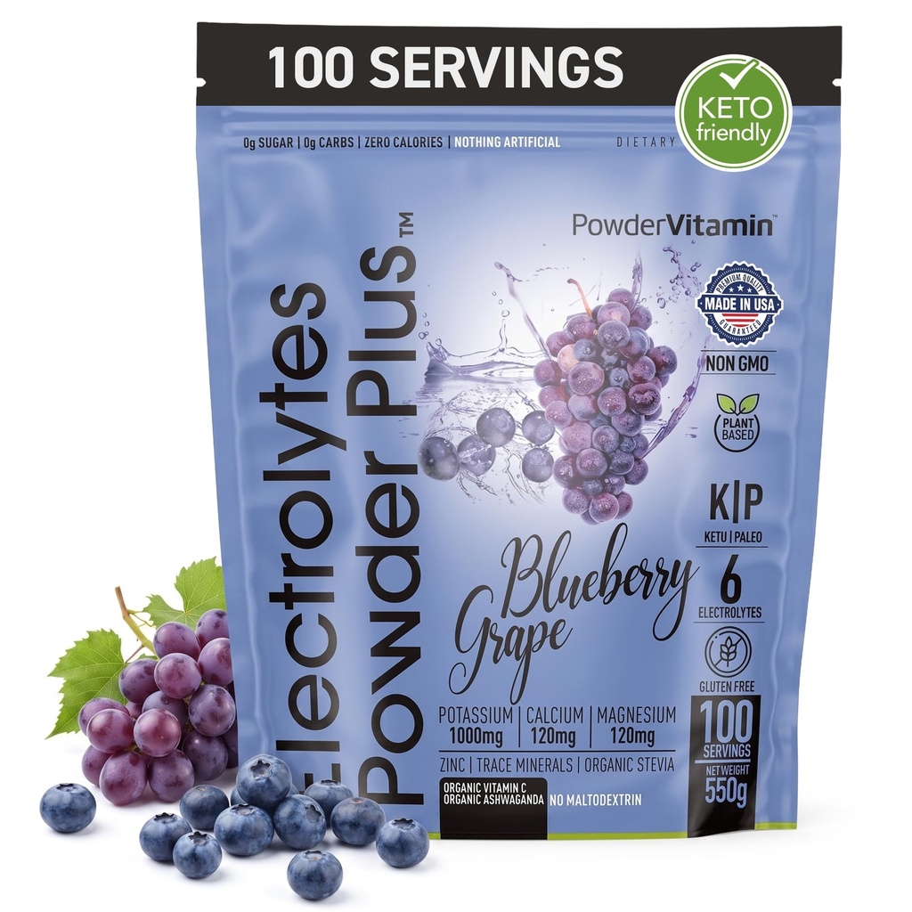 Elektrolytes Toz Plus (100 Hizmet) Blueberry Grape Elektrolyte Toz Şekeri Free, Keto, 0 Sugar, No Maltodextrin, 1000 mg Pyum,120 mg Kalsiyum,120 mg P, Hydration