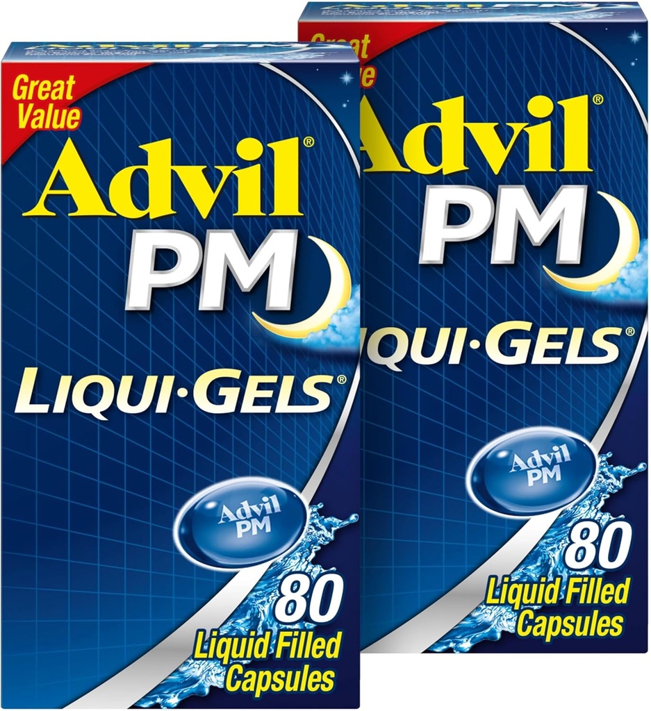 Advil PM Liqui-Gels Pain Reliever ve Nighttime Sleep Aid, Ağrı Yardımı için Ibuprofen for Pain Relief ve Diphenhydramine HCL için bir Uyku Yardımı için - 2x80 Taslağı