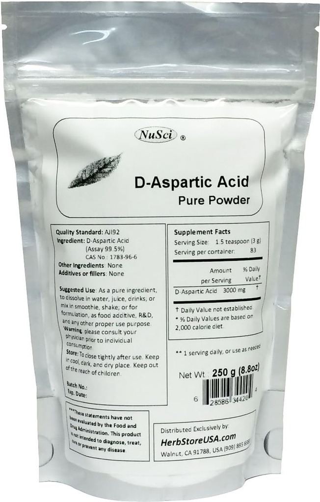 Pure D-Aspartic Acid (DAA) Toz AJI Kalite Standardı (250 Grams (8.8 oz))