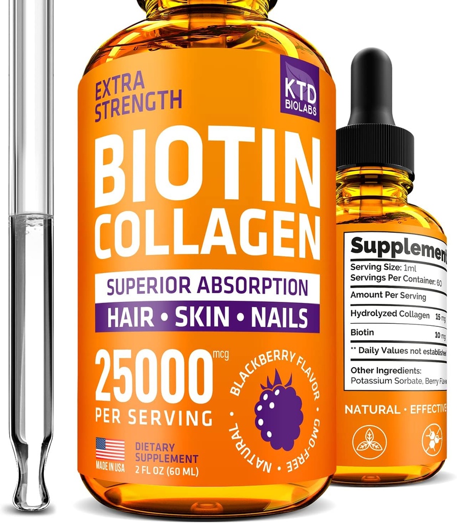 Saç büyümesi için sıvı Collagen ve Biotin Drops - USA Collagen & Biotin Vitamins for Hair Skin and Nails - Hydrolyzed Collagen and Biotin Supplement for Women and Menagen and Biotin Supplement for Women and Men