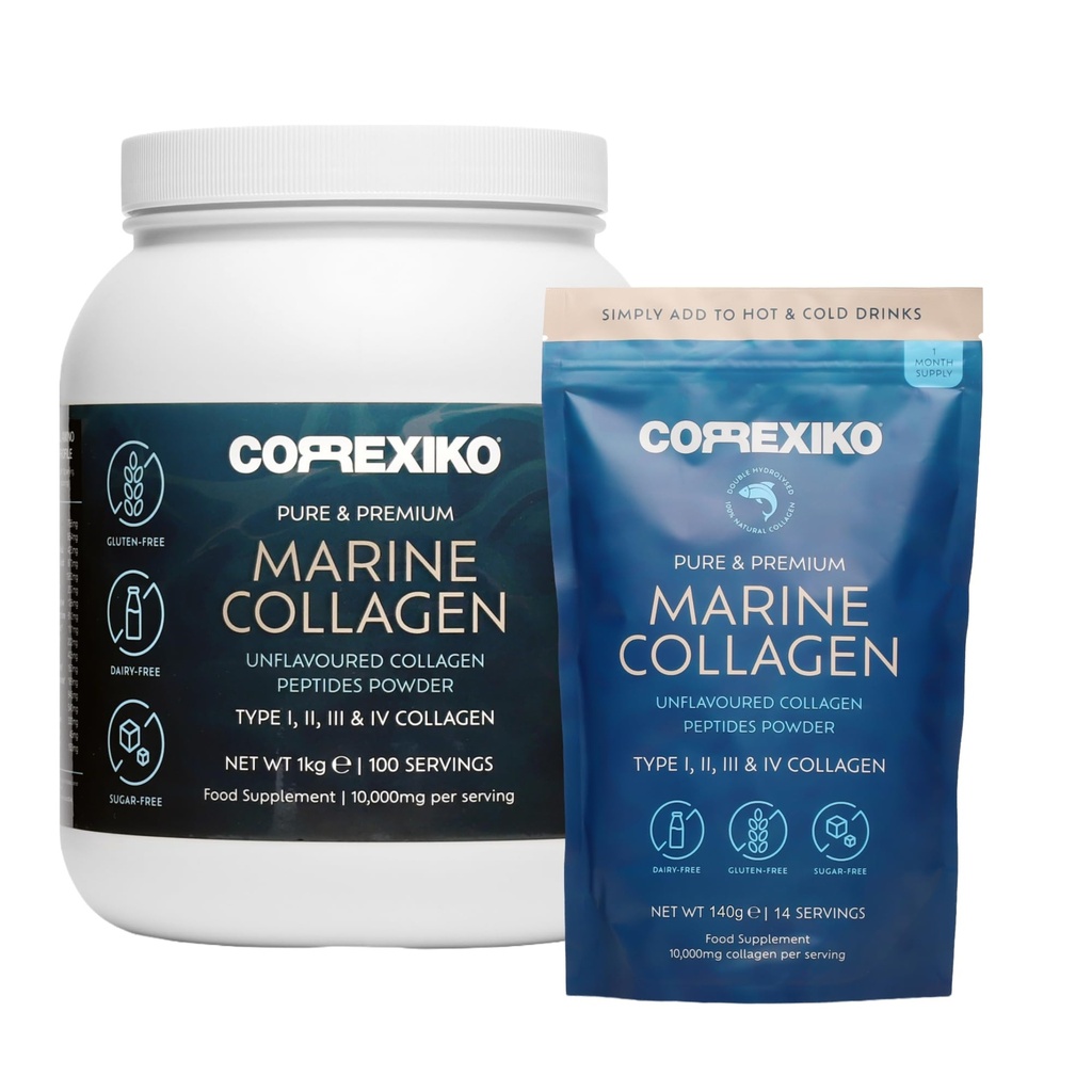 CORREXIKO Marine Collagen Powder Supplement Unflavored - 1kg & 5oz Bundle - 10.000mg Διπλό υδρολυμένο κολλαγόνο Πεπτίδια ανά Σερβίρισμα - Formated for Maximum Abvortion - Μαλλιά, Δέρμα & Καρφιά