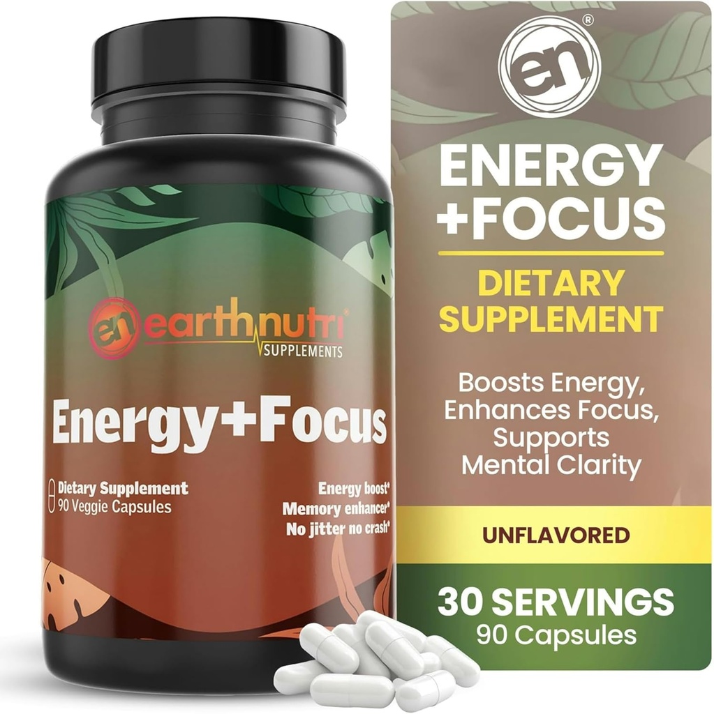 EarthNutri Energy + Focus Supplement - Energy Boost & Memory Supportr with PeakO2, AlphaSize, Cog ETF, PurCaf, Theacrine, Acetyl L-Carnitine ve L-Tyrosine - 3 Capsules Per Service