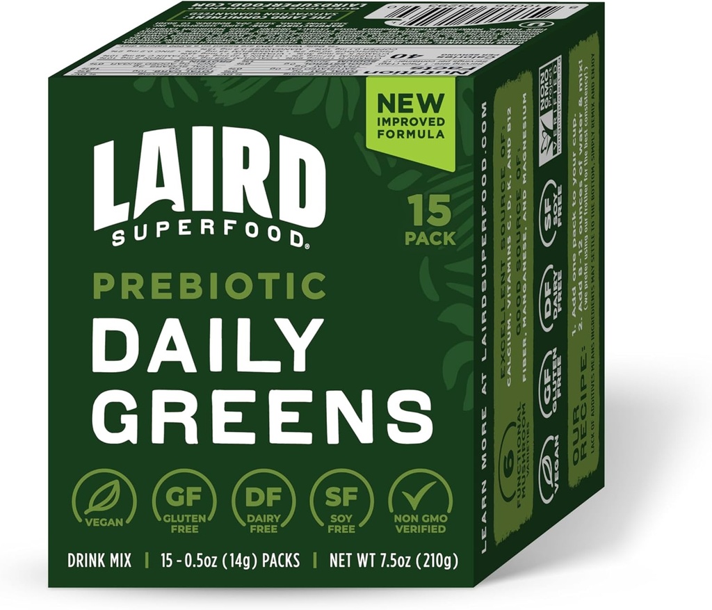 Laird Superfood Prebiyotik Daily Greens Toz - 15 Single Serve Sachets - Essential Vitaminler & Mineraller - Fiber, Adaptogen & Meyveler, Sebzeler - Destekler Gut Health - Non-GMO, Vegan