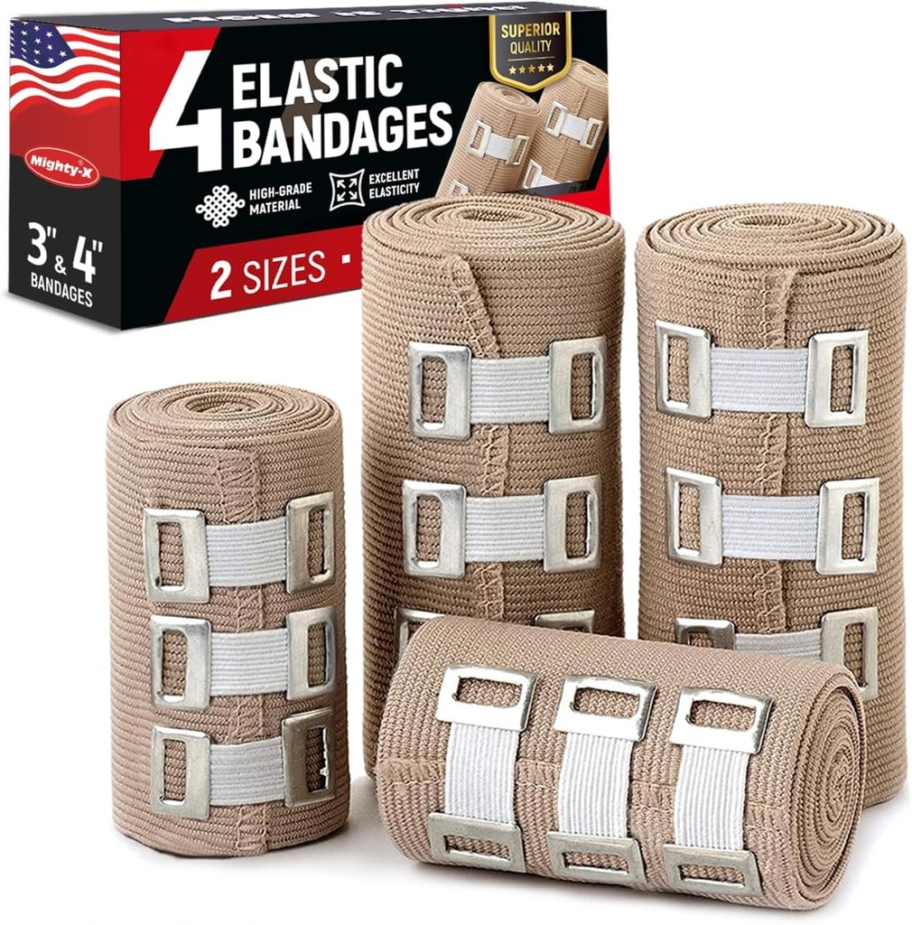 Premium Elastic Bandage - 4pk (2x3in, 2x4in) + 12 Ekstra Clips - Sertler için Güçlü Kombine, Ayaklar ve Dizler, Ankles, Ayaklar ve Dizler