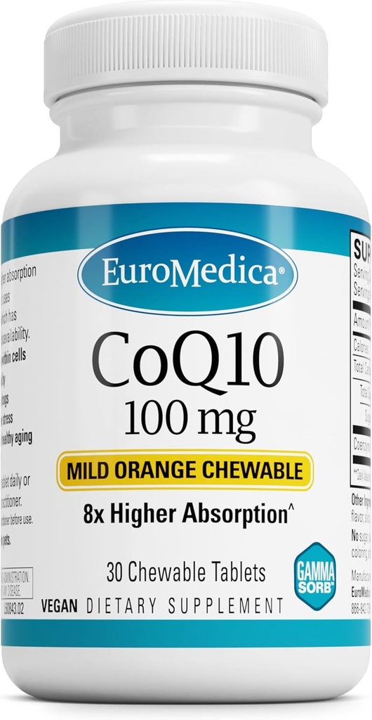EuroMedica CoQ10 100 mg - Συμπλήρωμα Υποστήριξης Κυτταρικής Ενέργειας - Υψηλότερη Απορρόφηση CoQ10 Chewable Supplement - Συμπλήρωμα Διατροφικής Βοήθειας Υγιεινή Γήρανση & Εγκεφαλική Υγεία - 30 Μασώμενα Δισκία