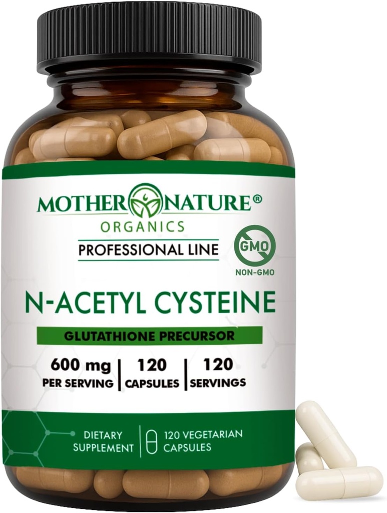 Mother Nature Organics NAC 600 mg, Glass Şişe, N-Acetyl Cysteine Antioxy Glutathione Precursor, Liver & Lung Support, Immune, Respiratory Health, and Detox (120 Count)