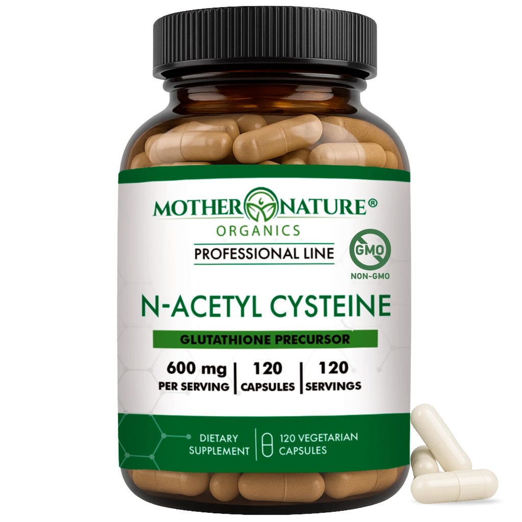 Mother Nature Organics NAC 600mg, Glass Bottle, N-Acetyl Cysteine Antioxidant Glutathione Precursor, Liver & Lung Support, Immune, Respiratory Health, and Detox (120 Count)