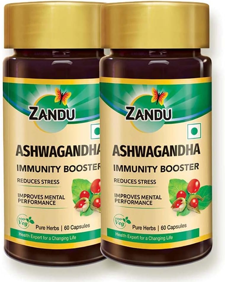 Zandu Ashwagandha Capsules (120 veg caps), Ashwagandha'nın Saf Taklitleri ile formüle edildi, Immunity Alert, For Natural Body Strength, Stress Buster ( 60 x 2)
