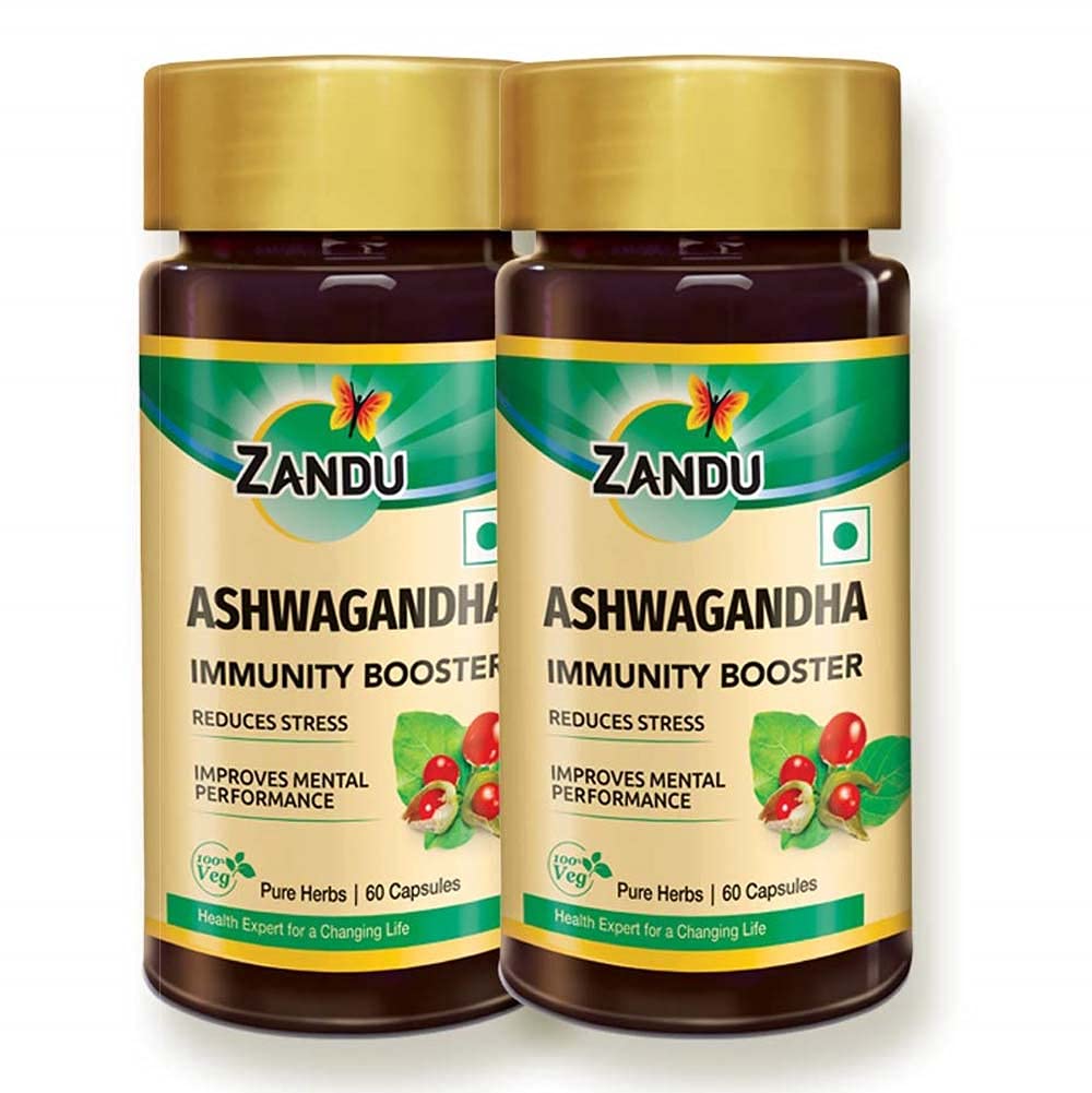 Zandu Ashwagandha Capsules (120 veg caps), Ashwagandha'nın Saf Taklitleri ile formüle edildi, Immunity Alert, For Natural Body Strength, Stress Buster ( 60 x 2)