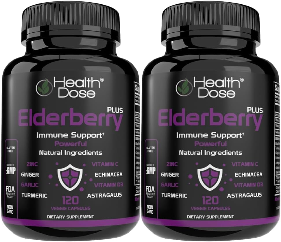Sağlık Dose Elderberry Plus Capsules - Immune Support Supplement with Vitamins C, D3, çinko, Selenium & 11 Materialss for Year-Round Wellness - 120 Veggie Capsules, 2Month Supply Pack of 2Month Supply Pack