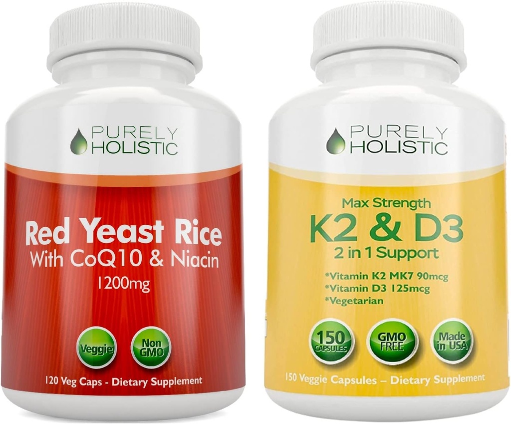 Purely Holistic Red Yeast Rice, CoQ10 & Niacin + Vitamin D3 5000 IU (12574)) & K2 MK7 90mcg Sche - Ve 270 Vegetarian Capsules - ABD'de Made in USA