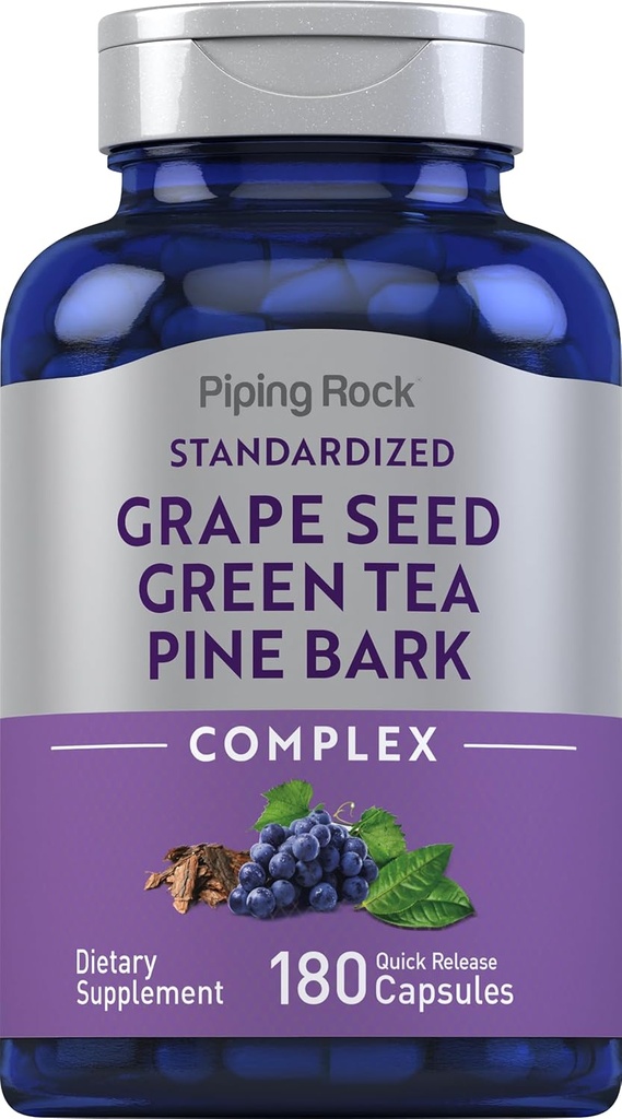 Piping Rock Grape Tohum, Green Tea & Pine Bark Kompleksi | 180 Capsules | Standartlaştırılmış Tür | GMO, Gluten Free Supplement