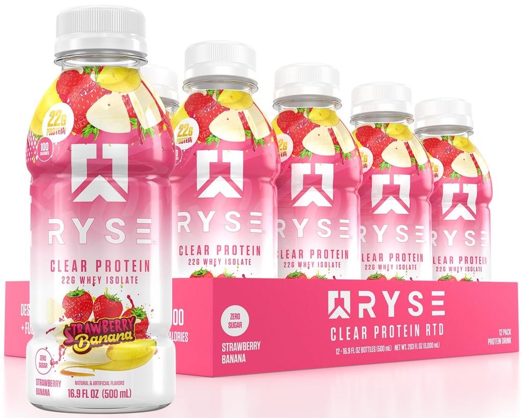 RYSE Clear Protein Drink - Φράουλα Μπανάνα - 100 θερμίδες, 22g Whey Isolate Protein Shake, Sugar-Free, 0g Λίπος & Λακτόζη-Free - Αναψυκτικό Ready-to-Dink Beverage - 16.9 fl oz Μπουκάλια (12-Pack)
