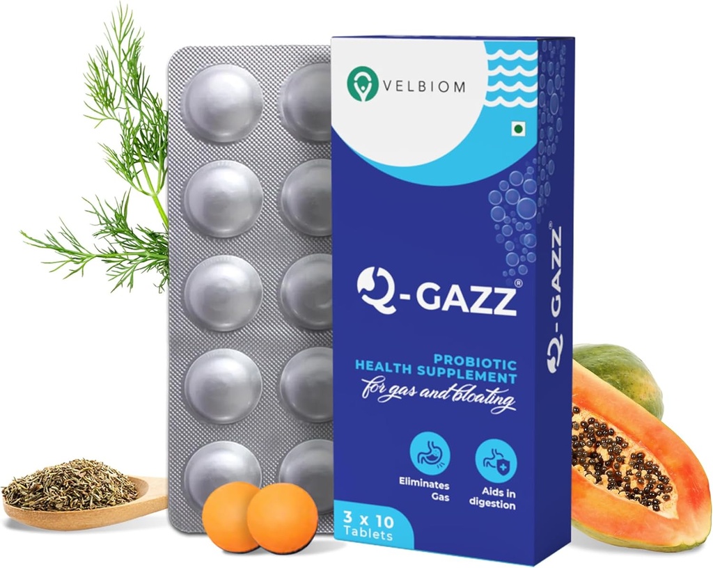 Q-Gazz Gaz, Bloating ve Indigestion Klinik olarak Proven Benzersiz Probiyotikler, Carminative Oils ve Digestive Enzymes for Men & Women Formulated - 30 Tabletler