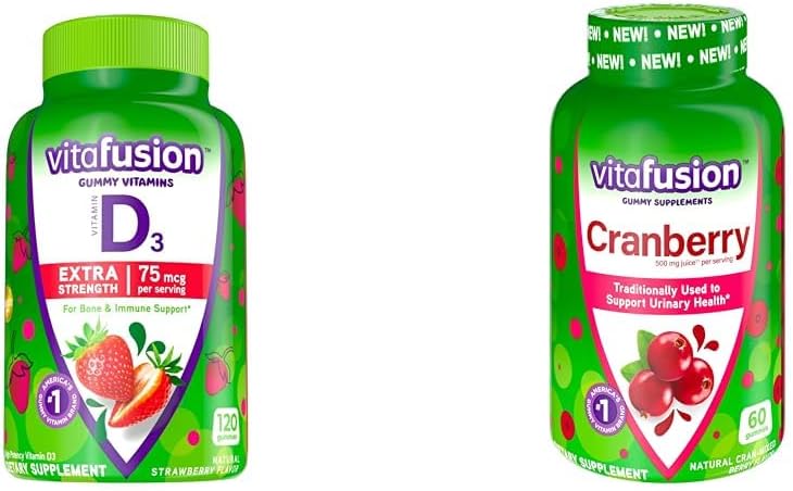 Vitafüzyon Ekstra Güçlü Vitamin D3 Gummy Strawberry Flavored Bone & Immune Support (120 Kont) + Cranberry Gummies for Women Urinary Health Support (60 Kont)