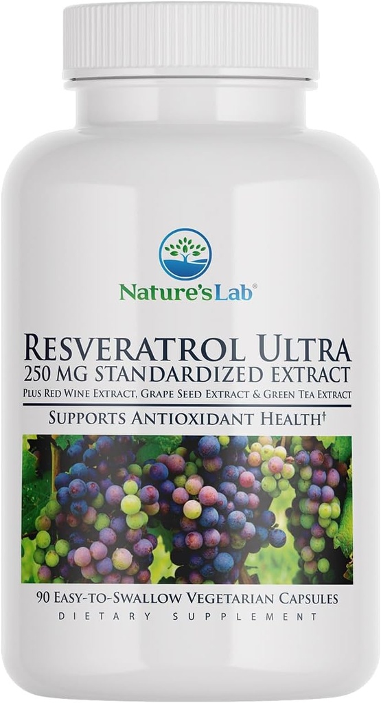 Nature's Lab Resveratrol Ultra - Antioksi Supplement* - 250 mg Trans-Resveratrol, Red Wine Extract, Green Tea Extract- Non-GMO, Gluten Free, Vegan - 90 (3 Ay Supply)