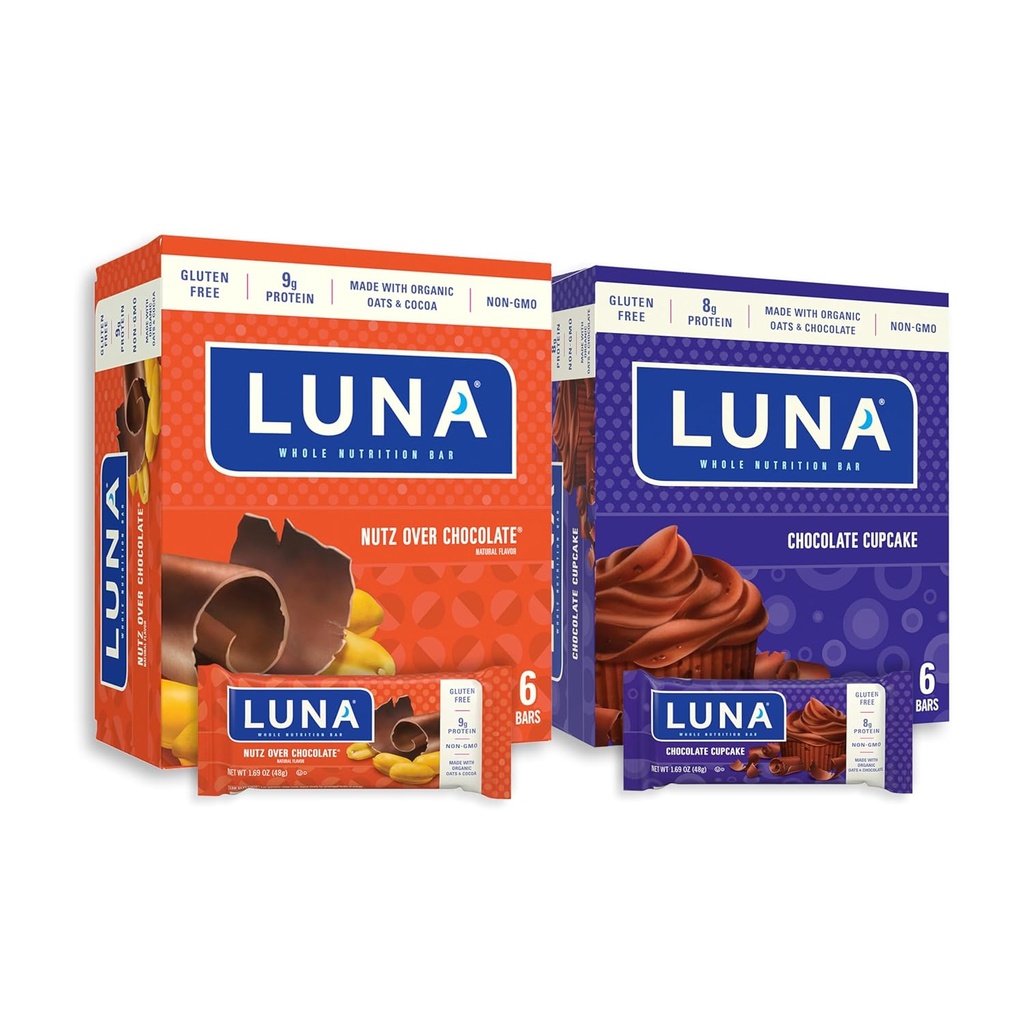 LUNA Bar - Çeşitli Paket - Çikolata ve Çikolata Kupasıcake Flavor - Snack Bars - Non-GMO - Gluten-Free protein Bars - Organik Oats ile Yap (12 Pack, 2 Kutu)