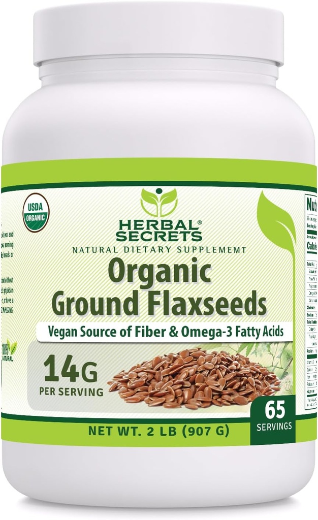 Herbal Secrets USDA Organic Ground Flaxseeds 2 Lbs Toz | 14 Grams Per Servis | 65 Servisler | Mükemmel Vegan Fiber & Omega -3 Fatty Acids | Non-GMO (2 Lb | 1 Pack)