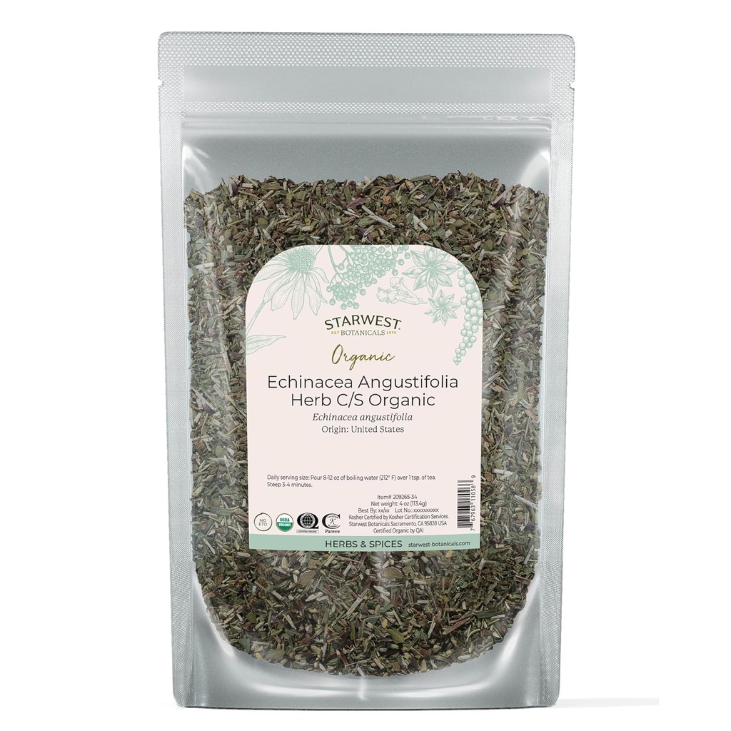 Starwest Botanicals kuru Echinacea Angustifolia Organik - Çay için Herb Yaprak, Tinctures, & Natural Herbal Mixs, Cut & Sifted, Sertifikalı Kosher, Non-GMO - 4 oz Pouch
