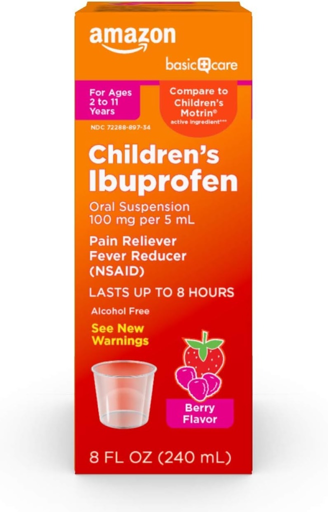 Βασική Φροντίδα Παιδική Ibuprofen Στοματική Ανάρτηση, 100 mg ανά 5 mL, Πόνος Αναπνευστήρας και Πυρετός Μειωτής, Berry Γεύση, Για Πονηρό Λαρύγγι, Κεφαλαλγία Ανακούφιση και Περισσότερα, 8 fl oz (πακέτο του 1)