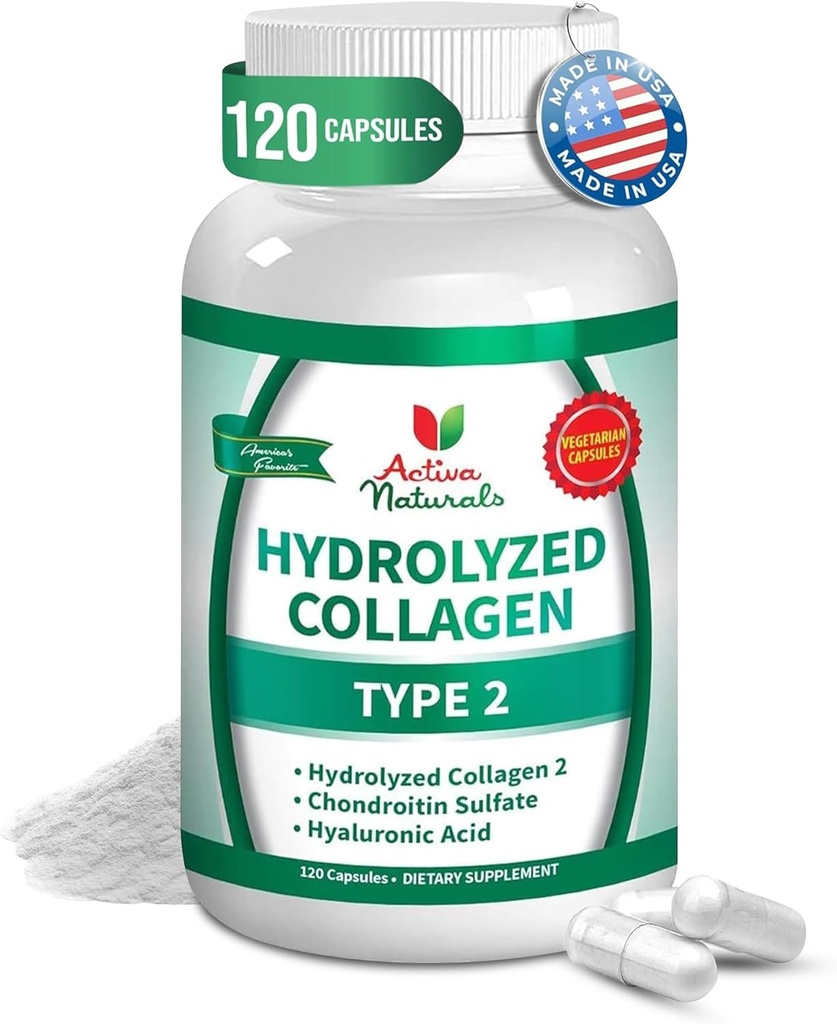 Collagen Type 2 Hydrolyzed Supplement with Chondroitin and Hyaluronic, for Health Hair, Skin, and Nails, No Fillers, Katkılar ve Yapay Renkler - 120 Vejetaryen Capsules