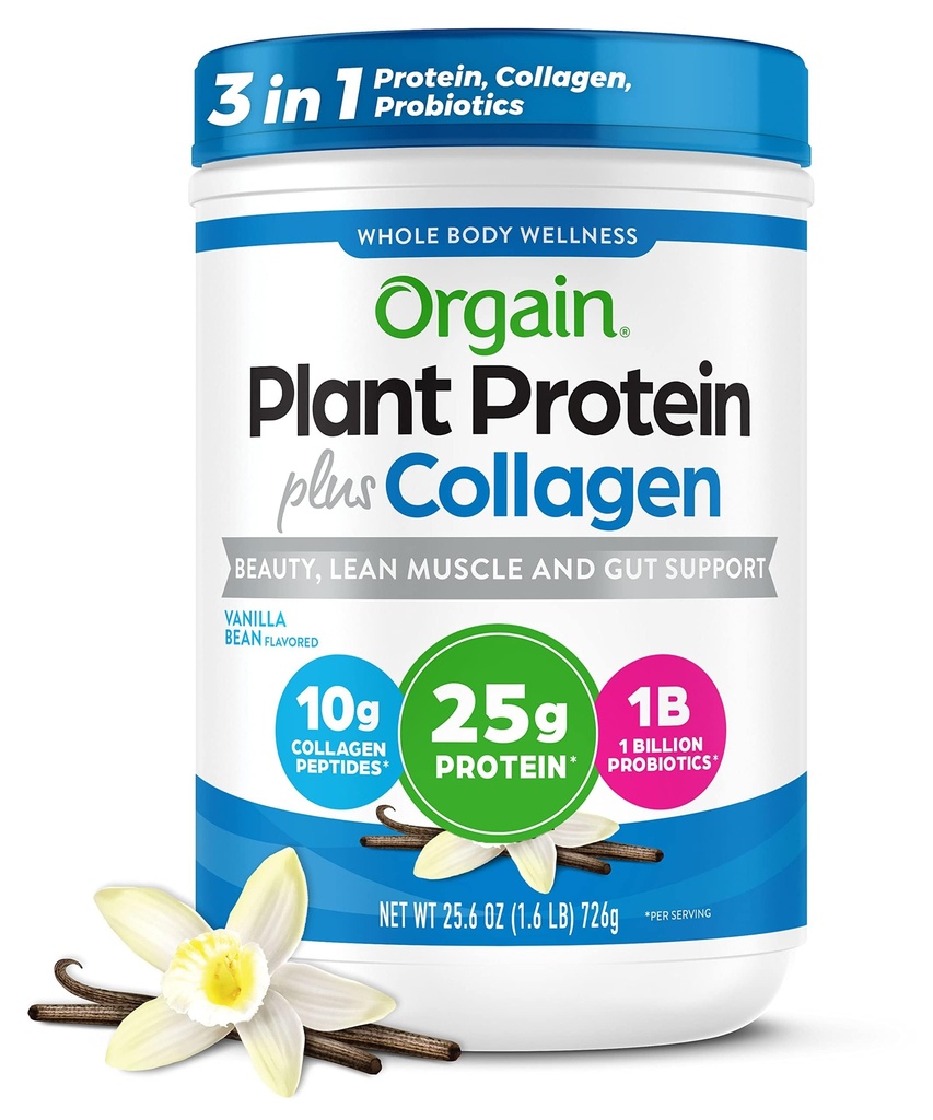 Orgain Protein Powder + Collagen, Vanilla Bean - 25g πρωτεϊνης, 10g Collagen Peptides, Type I & III, 1B CFU Προβιοτικά, Υποστηρίζει τα μαλλιά, το δέρμα, τα νύχια, την υγεία των αρθρώσεων και των ούλων, χωρίς γλουτένη - 1,6lb