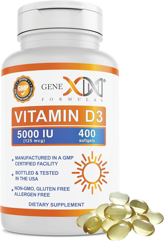 Genex Formulas Βιταμίνη D3 5000IU (400 Softgels) Φυσική υποστήριξη για την υγεία των οστών & λειτουργία των νεύρων - μη ΓΤΟ, χωρίς γλουτένη, αλλεργιογόνο-ελεύθερο