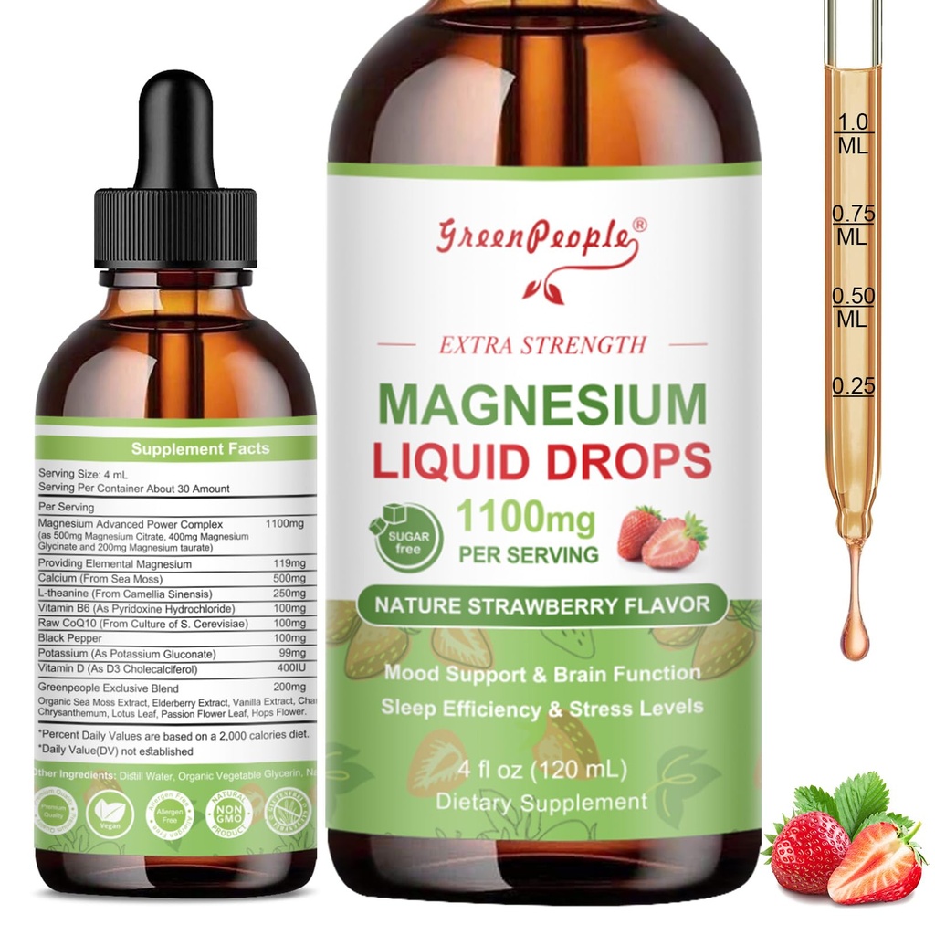 GREENPEOPLE Magnezyum Glycinate Liquid Drop - 17-in-1 4Fl. Oz Triple Magnezyum Kompleksi Glycinate 400 mg & Citrate 500 mg Taurate/L-Theanine for Calm Mood/Muscle/Sleep,Strawberry Flavor