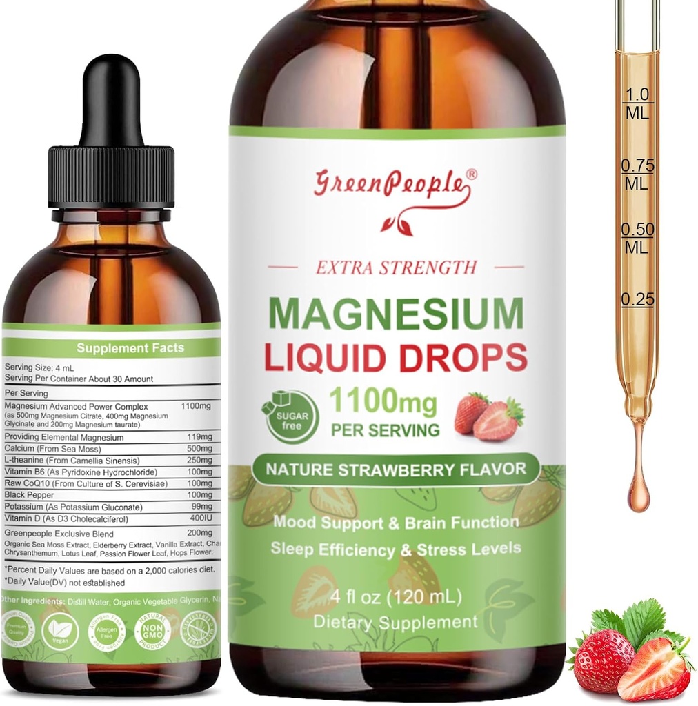 GREENPEOPLE Magnezyum Glycinate Liquid Drop - 17-in-1 4Fl. Oz Triple Magnezyum Kompleksi Glycinate 400 mg & Citrate 500 mg Taurate/L-Theanine for Calm Mood/Muscle/Sleep,Strawberry Flavor