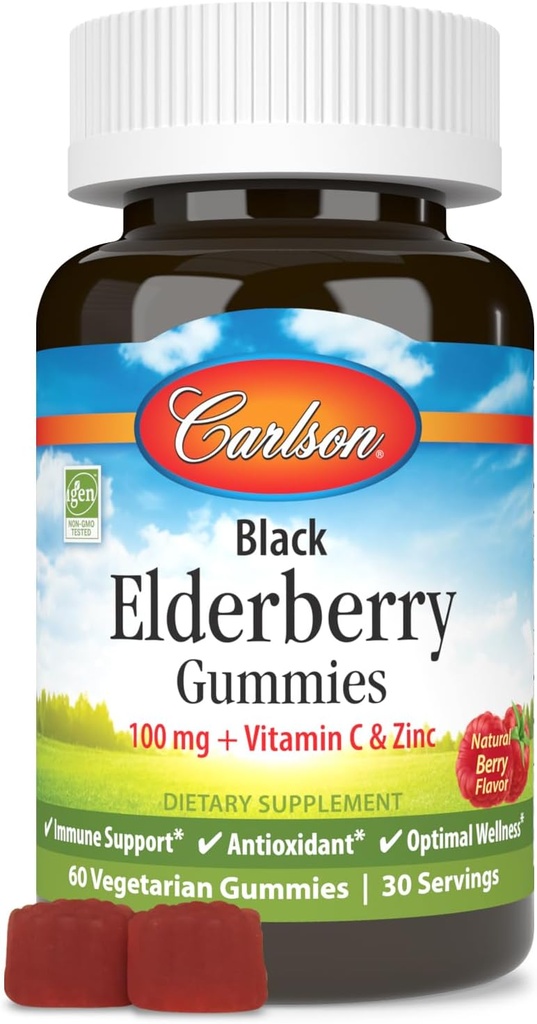 Carlson - Black Elderberry Gummies, C & çinko, Immune Support, 60 Gummies